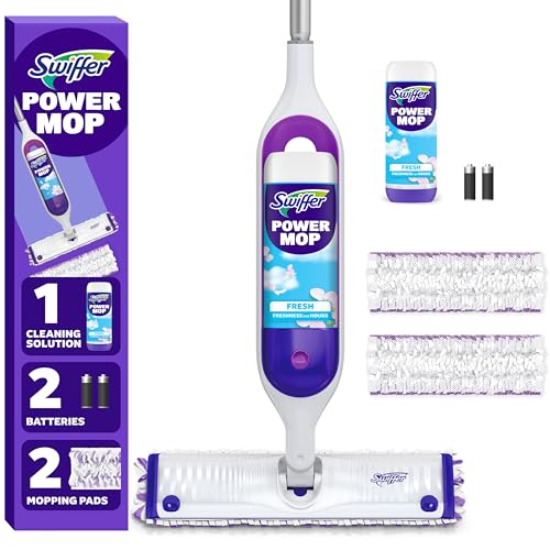Swiffer PowerMop Mopping Kit for Floor Cleaning, Set Includes 1 Power Mop, 2 Replacement Pads, 1 Liquid Solution Refill, 2 Batteries, No Bucket Needed