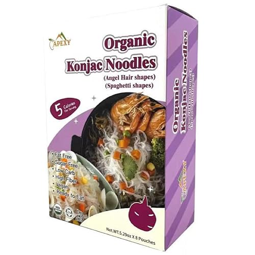 Apexy Organic Shirataki Konjac Noodle 8 Pouches Total 42.24oz. Low Calorie, Low-Carb Gluten Free, Vegan, Keto and Paleo-Friendly. (Angel Hair