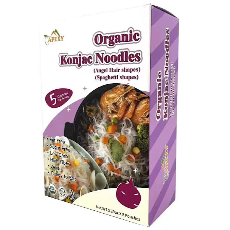 Apexy Organic Shirataki Konjac Noodle 8 Pouches Total 42.24oz. Low Calorie, Low-Carb Gluten Free, Vegan, Keto and Paleo-Friendly. (Angel Hair