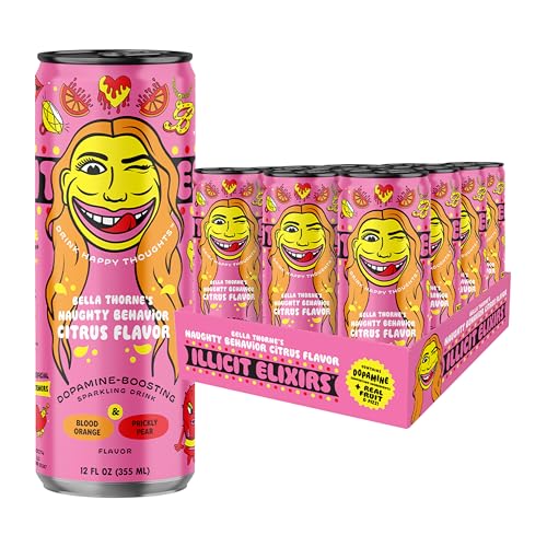 Illicit Elixirs Naughty Behavior Citrus by Bella Thorne - Sparkling Juice Drink - Supports Dopamine Production - 12 Pack - 12 Oz Cans, Late Night