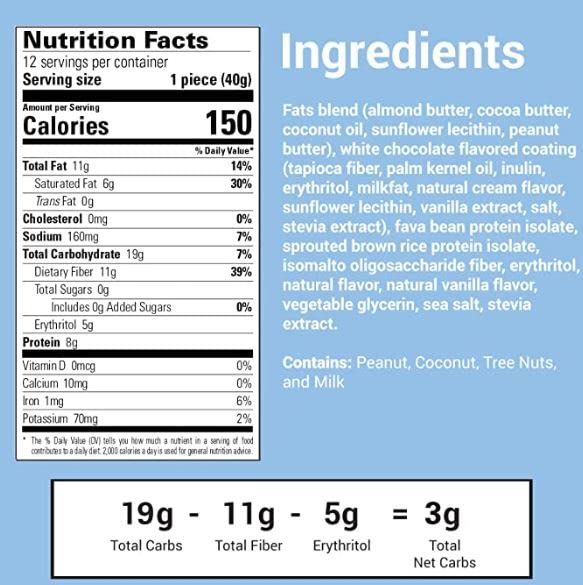 No Sugar Keto Bar Snack - Low Carb No Sugar Keto Snack Food with Keto Friendly Macros (24 x 1.41oz Bars, Cookies and Cream)