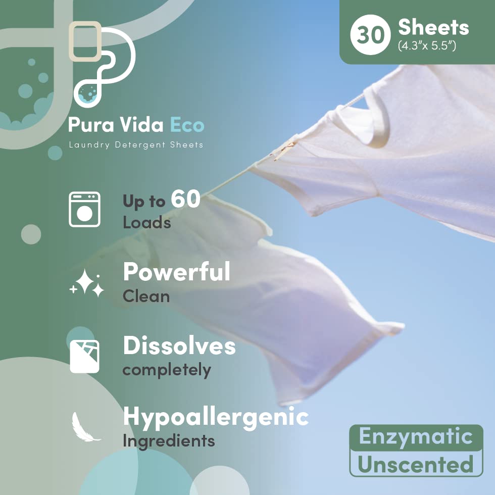 Pura Vida Eco Laundry Detergent Sheets - 30 Sheets (up to 60 Loads) - Unscented - Ideal for Travel, Baby Clothes - Compact, Liquidless