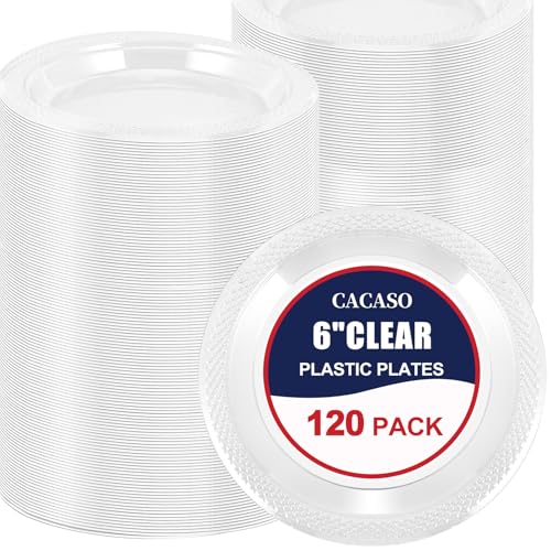 CACASO 120 Pack Plastic Dessert Plates,6 Inch Clear Plastic Dinner Plates,Round Clear Disposable Plates,Plastic Party Plates,Small Plastic Plates