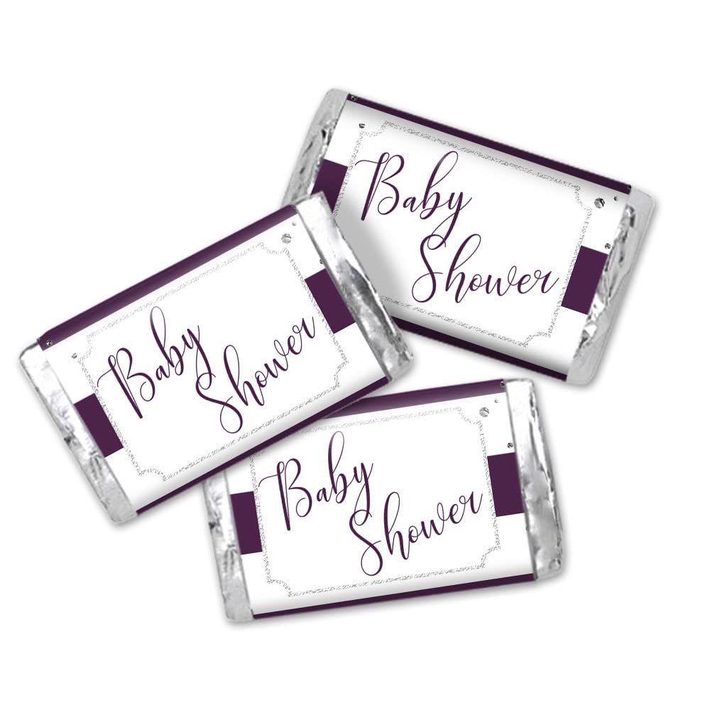 Amanda Creation Striped Purple & Silver Baby Sprinkle Baby Shower Mini Chocolate Candy Bar Sticker Wrappers, 45 1.4" x 2.6" Wrap Around Labels, Great