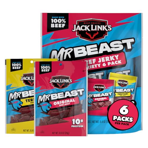 Jack Link's x MrBeast Beef Jerky, Original & Teriyaki Beef Jerky Variety Pack - (6 Pack) 0.9oz Bags - Up to 10g of Protein - Made with 100% Real Beef