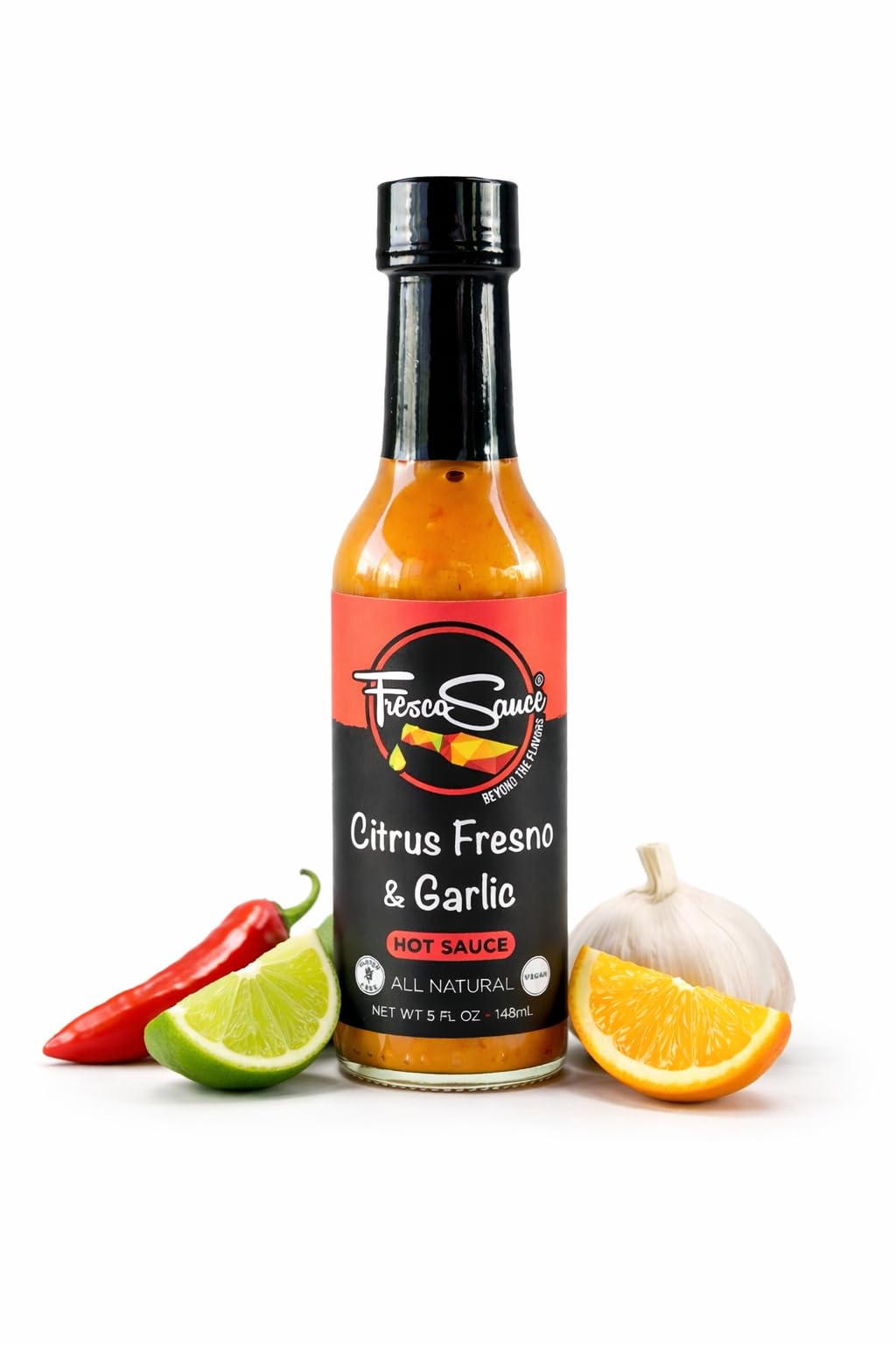 Citrus Fresno & Garlic Hot Sauce by Fresco Sauce - Lime Juice - Orange Juice - Fresno Peppers - Flavorful - All Natural- Vegan - Gluten Free
