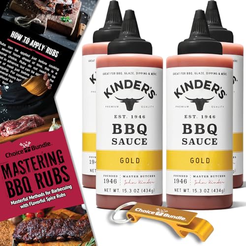 Kinder’s Gold BBQ Premium Barbecue Sauce 4 Pk (61.2 oz) Great to Dip Toss Glaze & More + Barbecue Masters & Bottle Opener (6 Items)!