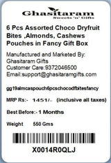 Ghasitaram Gifts Rakhi Gifts for Brothers Rakhi Chocolate 6 Pcs Assorted Choco Dryfruit Bites,Almonds, Cashews Pouches in Fancy Gift Box with Pearl