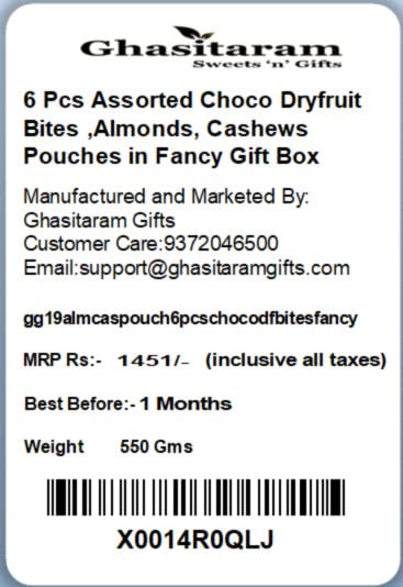 Ghasitaram Gifts Rakhi Gifts for Brothers Rakhi Chocolate 6 Pcs Assorted Choco Dryfruit Bites,Almonds, Cashews Pouches in Fancy Gift Box with Pearl