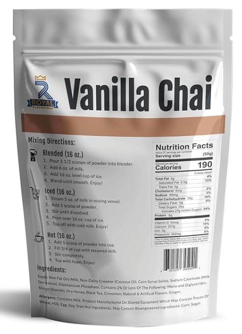 Royal Flavorings Vanilla Chai Premium Flavored Drink Mix for Blended Frappe, Iced or Hot Drinks, Stand up Resealable Bag 3 Lb.