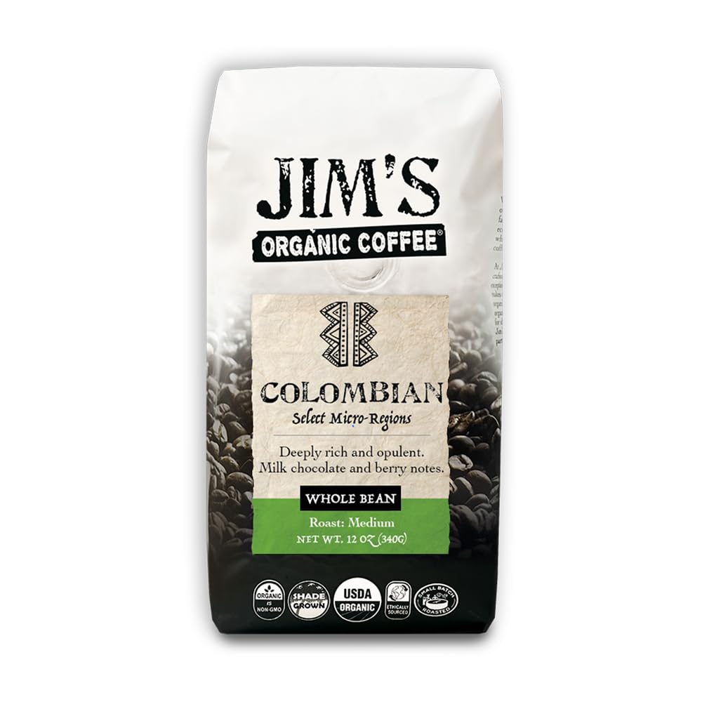 Jim’s Organic Coffee - Colombian - Single Origin, Medium Roast - Whole Bean 12 oz Bag