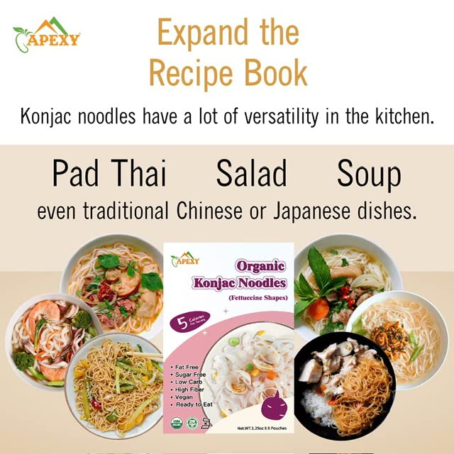 Apexy Organic Shirataki Konjac Noodle 8 Pouches Total 42.24oz. Low Calorie, Low-Carb Gluten Free, Vegan, Keto and Paleo-Friendly. (Fettuccine Shapes)
