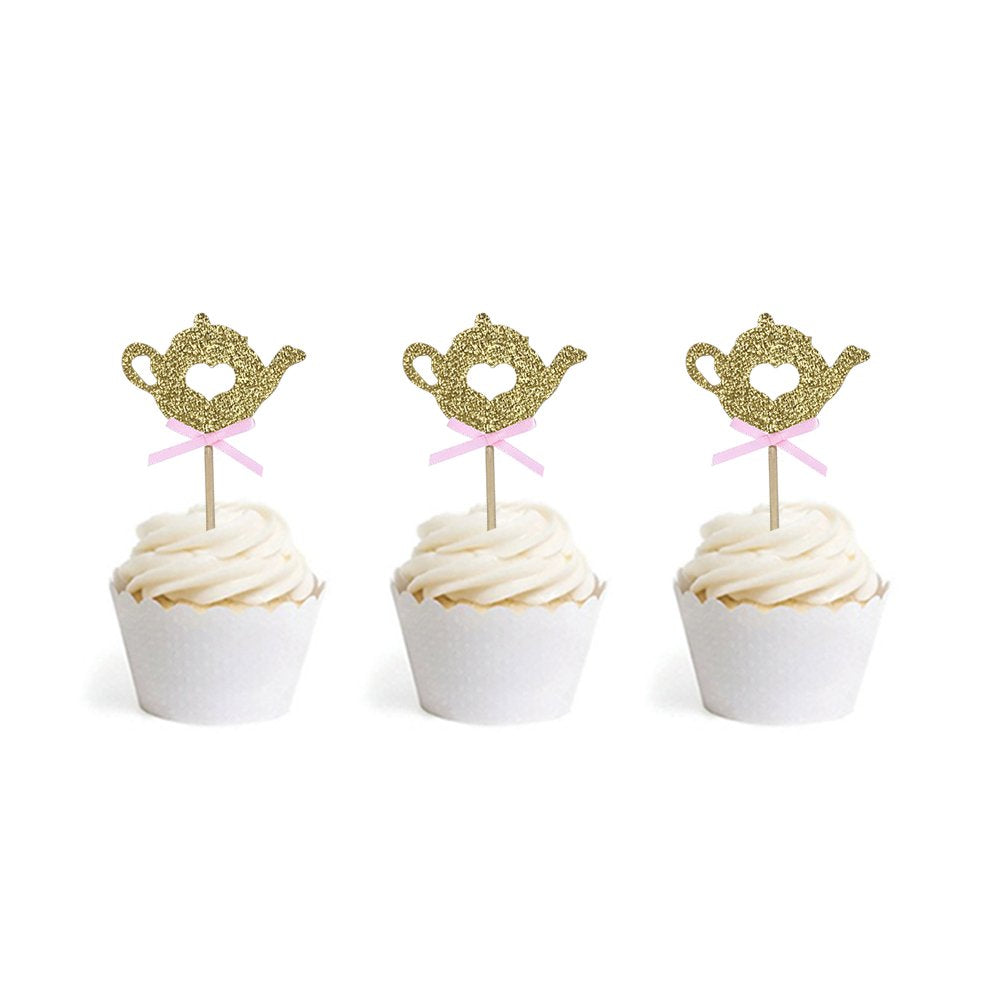 24 PCS Golden Glitter Teapot Cake Cupcake Toppers Picks for Tea Party Baby Shower Wedding Birthday Decorations