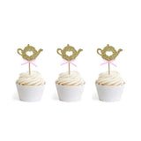 24 PCS Golden Glitter Teapot Cake Cupcake Toppers Picks for Tea Party Baby Shower Wedding Birthday Decorations
