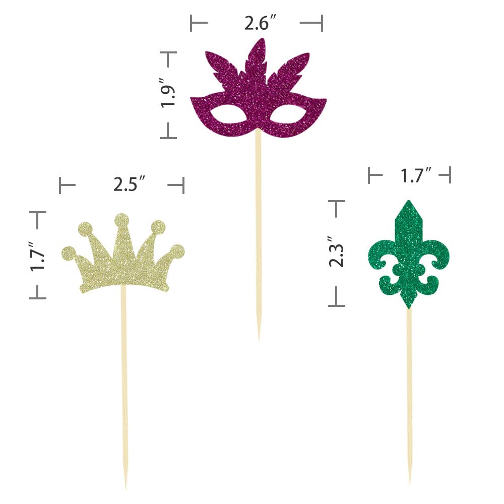 24 Pcs Mardi Gras Cupcake Toppers, Glitter Masquerade Masks Cupcake Toppers for Masquerade Mardi Gras Party Baby Shower Birthday Party Decorations