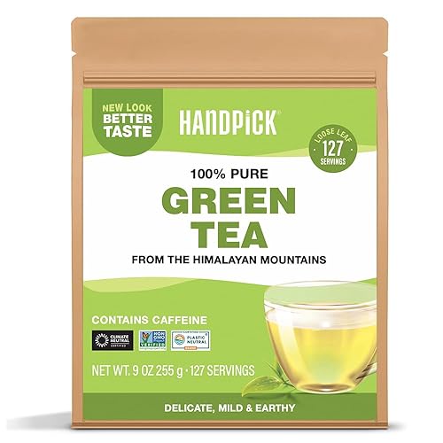 HANDPICK, Green Tea Loose Leaf (255g/9oz) 127 Cups | Non-GMO, 100% Pure Green Tea Leaves Sourced from Himalayas, India | Resealable Ziplock Pouch