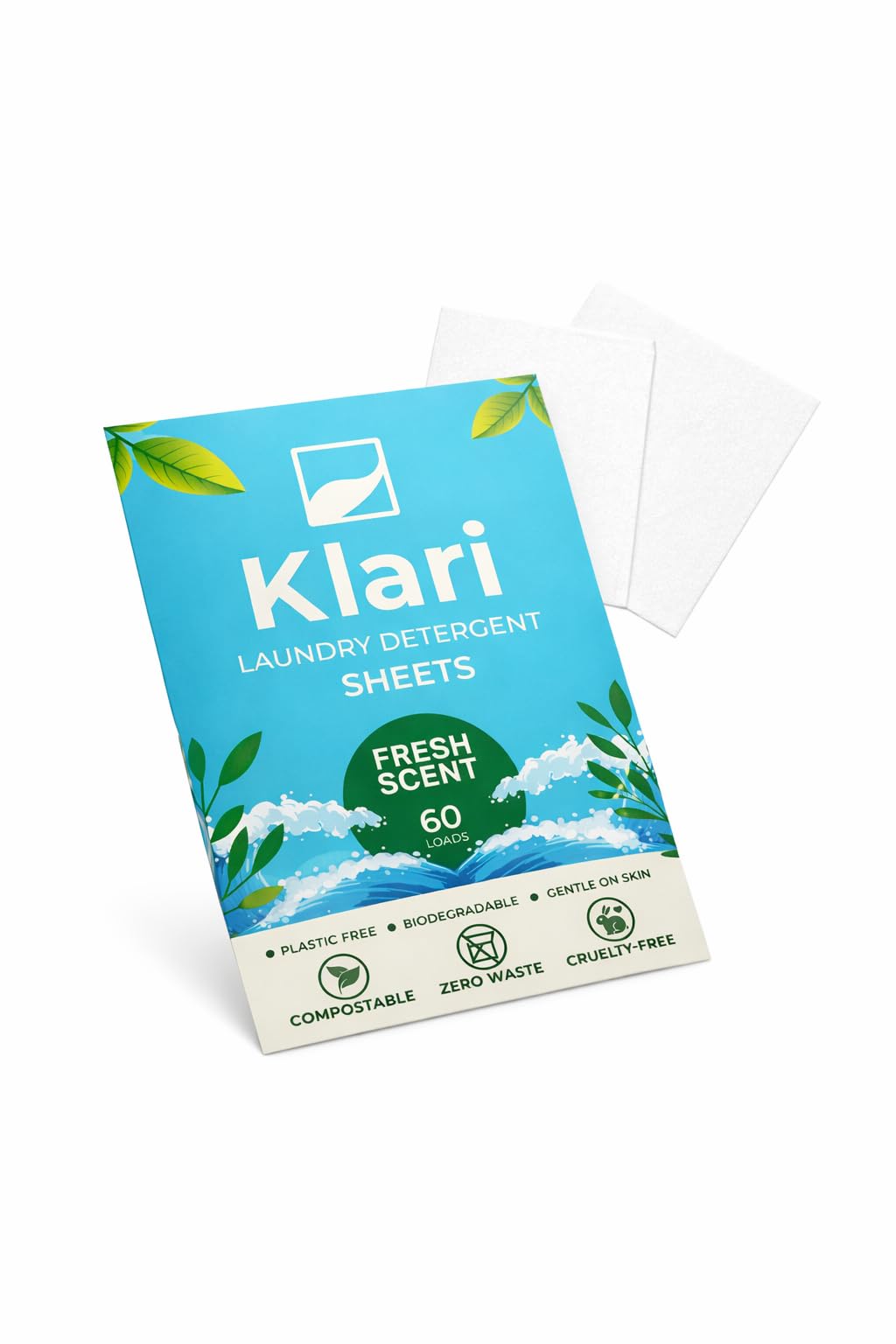 Klari Laundry Detergent Sheets, Fresh Scent, 60 Load Count - Eco-friendly, liquidless concentrated detergent sheets, zero plastic waste, gentle on