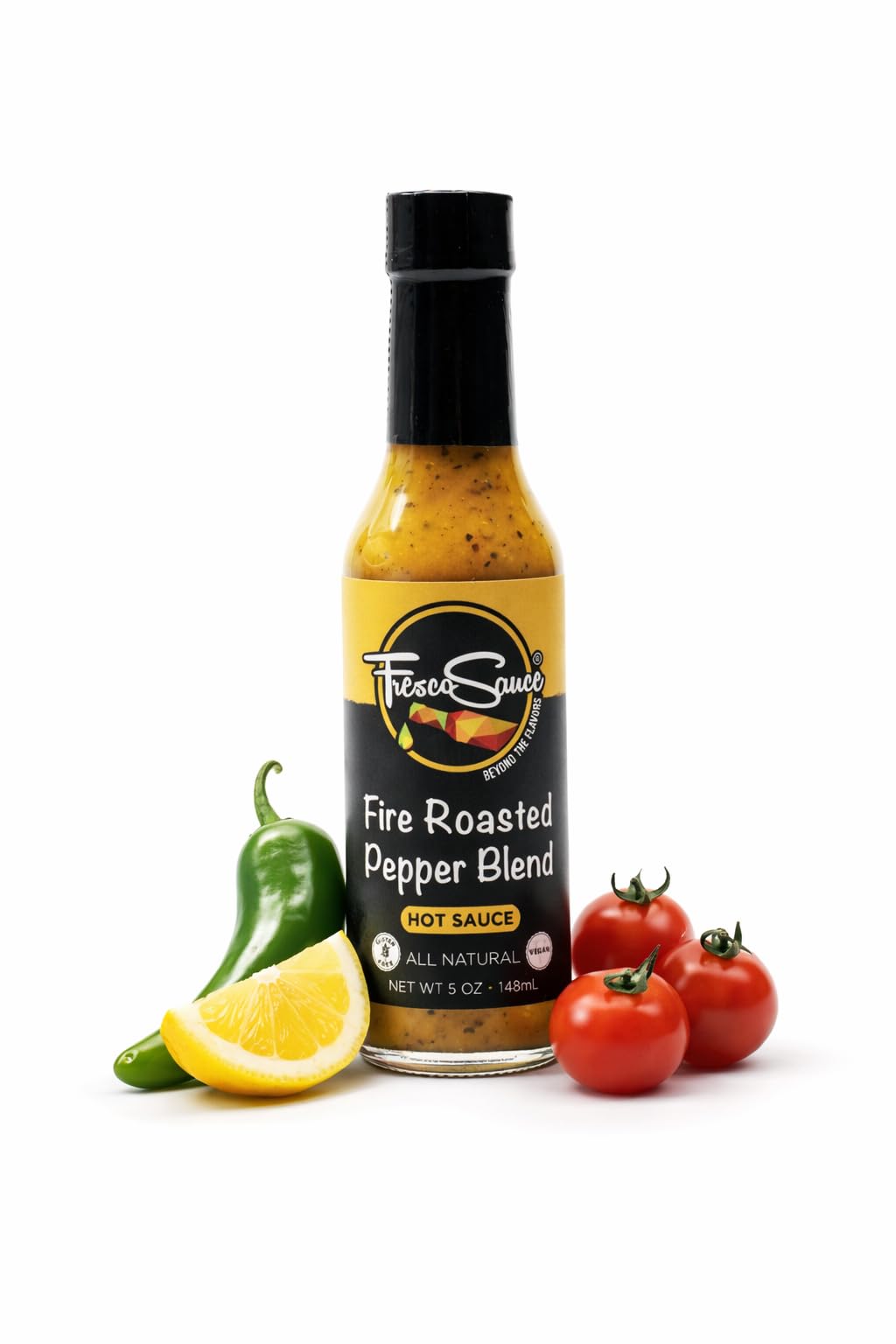 Fire Roasted Pepper Blend Hot Sauce by Fresco Sauce - Jalapeno & Serrano Peppers - Flavorful - All Natural- Vegan - Vinegar Free - Gluten Free - 5 fl