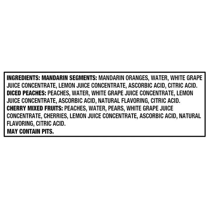Great Value Fruit Cup Variety Pack, Diced Peaches, Mandarin Segments & Cherry Mixed Fruits in Fruit Juice, 4 oz, 24 Cups