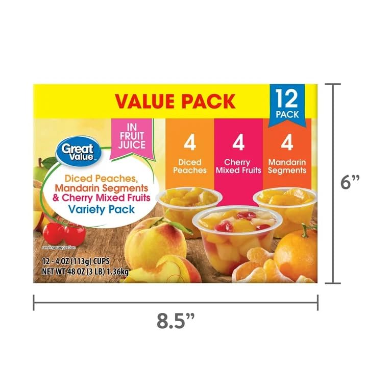Great Value Fruit Cup Variety Pack, Diced Peaches, Mandarin Segments & Cherry Mixed Fruits in Fruit Juice, 4 oz, 24 Cups