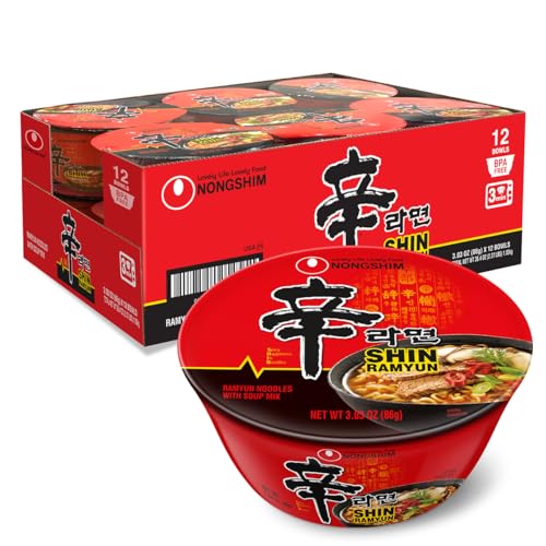 Nongshim Shin Ramyun Bowl Noodles, Spicy Korean Signature Instant Ramyun, Rich Beef Flavored Broth, Quick and Easy, Microwaveable Bowl, 3.03 oz (Pack