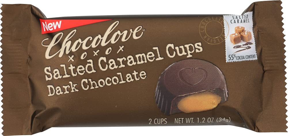 CHOCOLOVE XOXOX, CUP, SLTD CARML, DK CHOC, 2C, Pack of 12, Size 1.2 OZ - No Artificial Ingredients Kosher