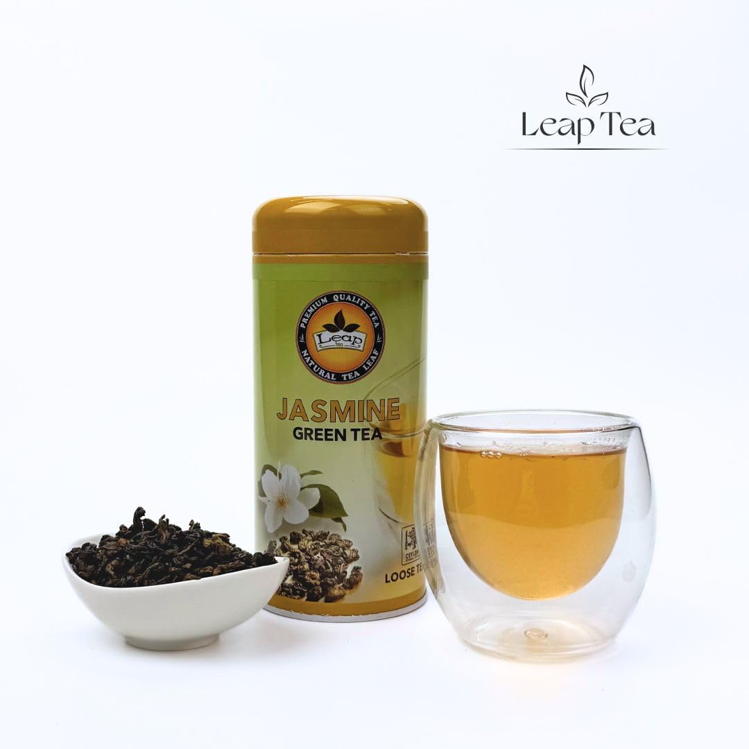 Leap Jasmine Green Tea Loose Leaf - Jasmine Scented Green Tea, Whole Leaf, Smooth Floral Aroma, Hot or Iced, 5 oz (142g) Loose Leaf Ceylon Tea, 90-100