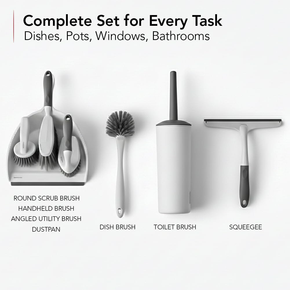 OVENTE Multipurpose Household Cleaning Kit, Deep Cleaning Brush Set with Wiper & Dustpan, Ergonomic Handle & Stiff Bristles, Ideal for Cleaning