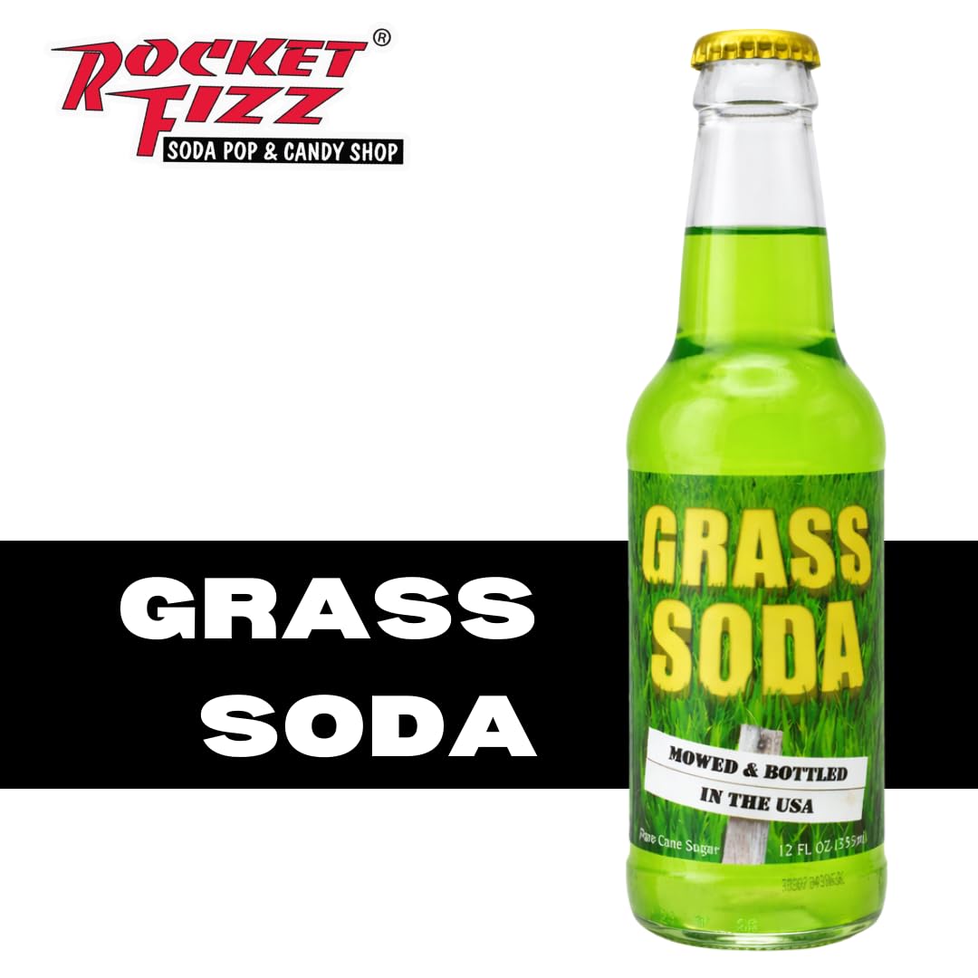 Rocket Fizz Grass Soda Flavor | Cane Sugar | Craft Soda Pop Drinks | 12 oz in Glass Bottle (1 Bottle)