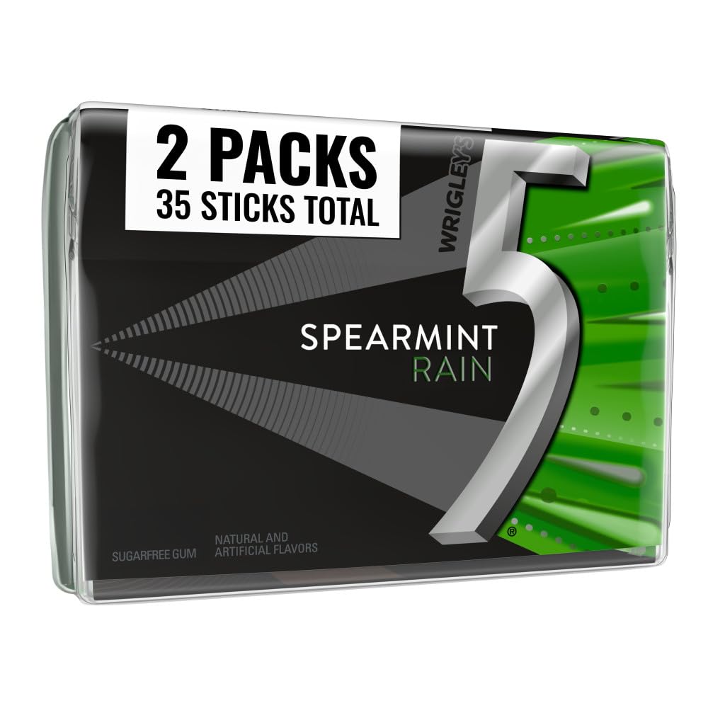 5 GUM Spearmint Rain Summer Travel Sugar Free Chewing Gum Refreshing Invigorating Minty Flavor Five Gum, 35 Stick Pack