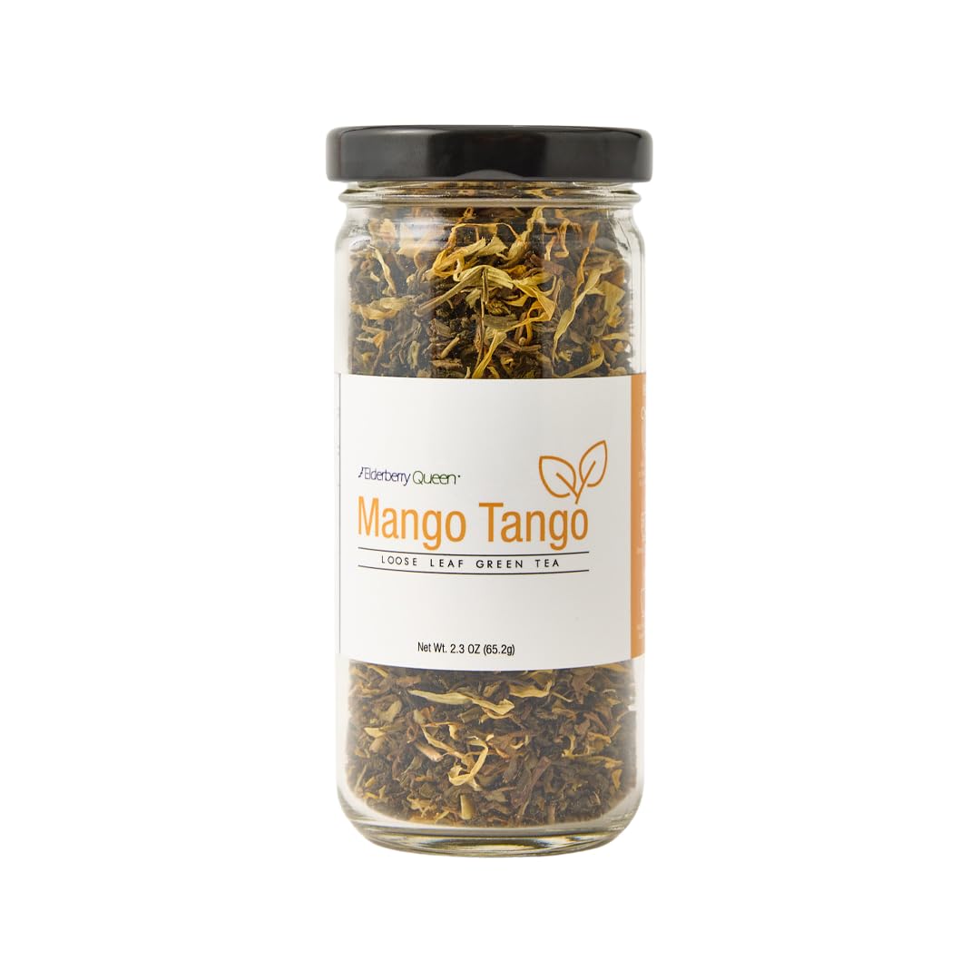 Caffeine Free Mango Loose Leaf Green Tea, Decaffeinated Pure Natural Herbal Tea Blend with Elderberry and Calendula (2 ounce)
