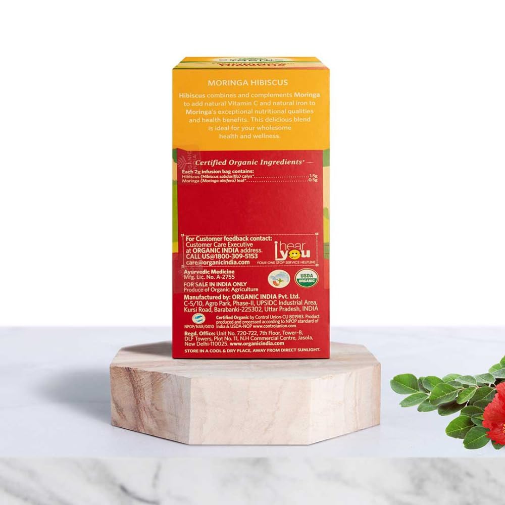 A TATA Product - Organic India Moringa Hibiscus Infusion, 25 Tea Bags, Certified Organic, Antioxidant-Rich, Caffeine-Free, Whole Herb Blend