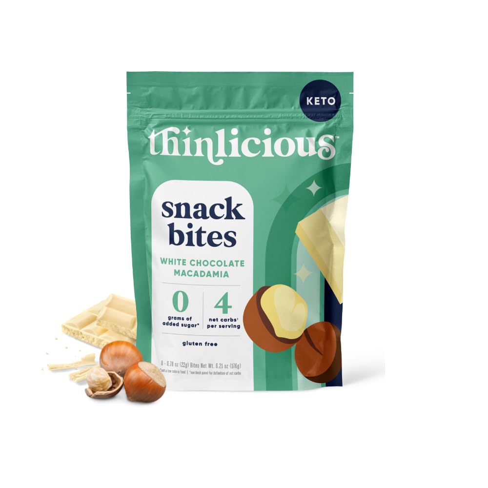 Thinlicious White Chocolate Macadamia Keto Snack Bites - Healthy Gluten Free Low Carb Snacks Perfect for On The Go with Delicious Cookie Taste (White