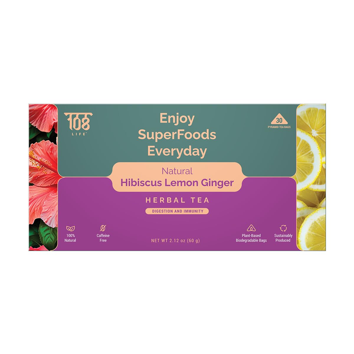 108 LIFE Natural Hibiscus Tea Bags | Lemon Ginger Tea | Herbal Tea | 100% Natural | Caffeine Free | Supports Digestion & Immunity | Biodegradable