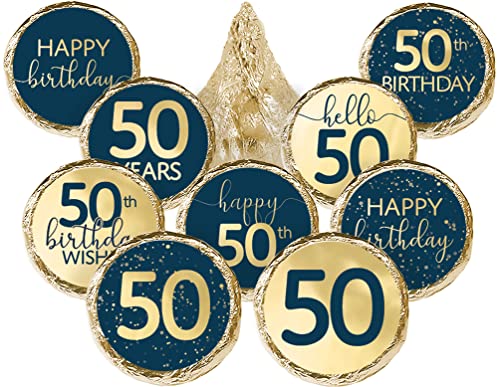 DISTINCTIVS Navy Blue and Gold Foil 50th Birthday Kiss Stickers - 180 Count - Real Gold Foil - 50th Birthday Party Favors for Men and Women