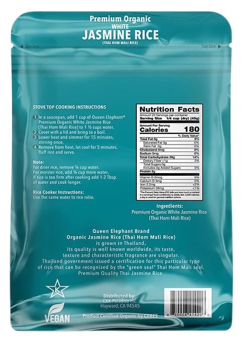 Queen Elephant Premium Organic White Jasmine Rice 2lbs Bag | Product of Thailand | USDA Certified Organic, Non-GMO, Kosher, Vegan & Gluten Free