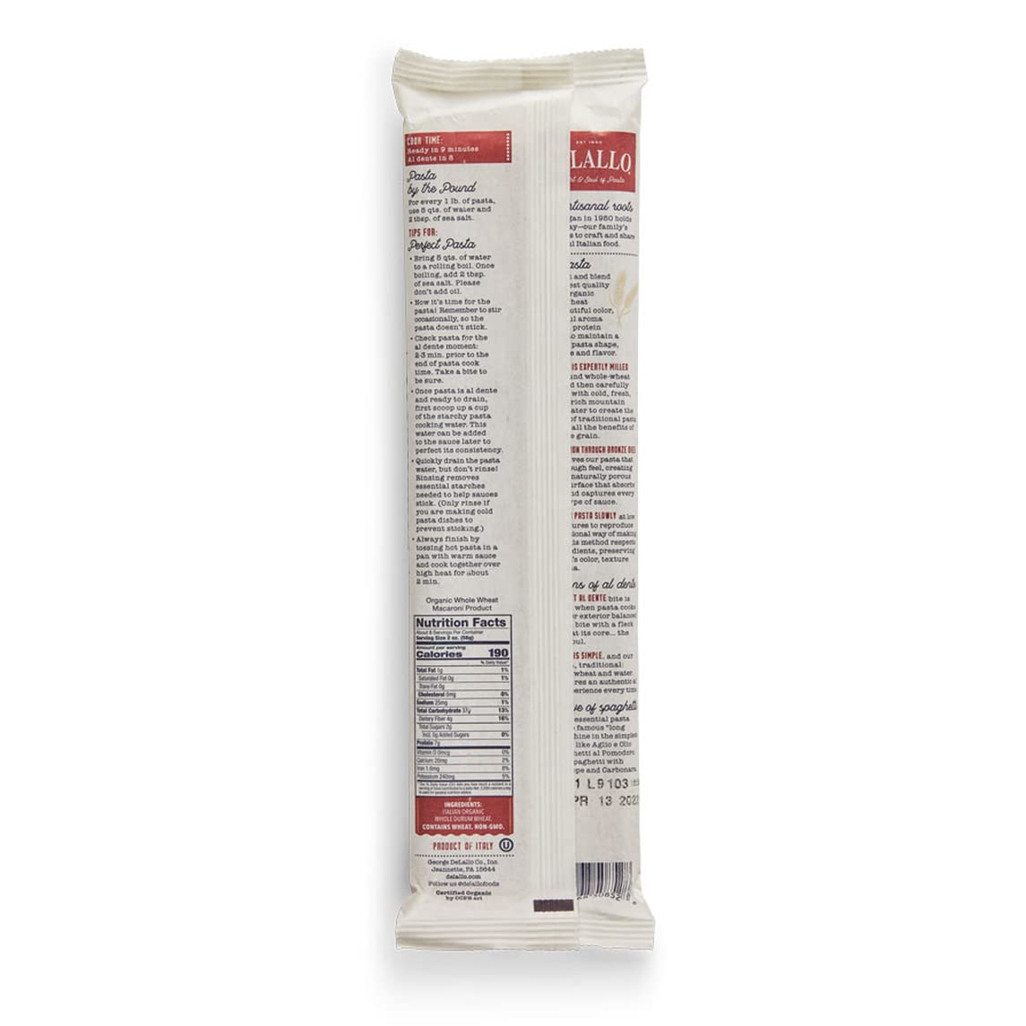 DeLallo Organic Whole Wheat Spaghetti Pasta, 1lb, 16-Pack