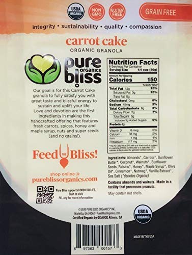 Pure Bliss Organics, Organic Paleo Granola Variety 3-Pack, 3 x 8.0 oz Pouches, 1 each of Grain Free Acai Banana, Grain Free Carrot Cake, Grain Free