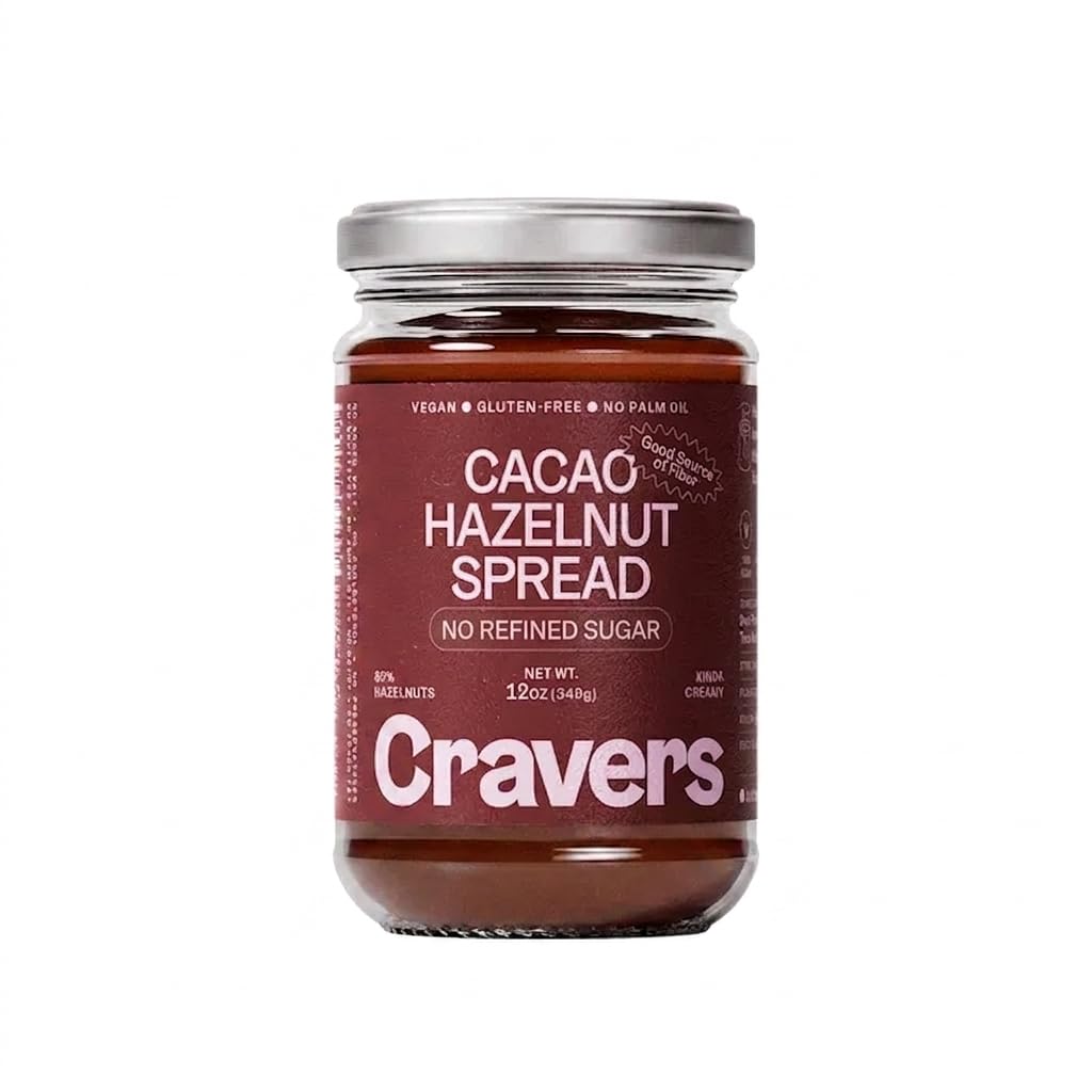 Cravers Cacao Hazelnut Spread - 80% Hazelnut - No Refined Sugar, Vegan, Palm Oil Free & Non-GMO, Creamy Chocolate Spread | 12 oz Jar | Plant Based