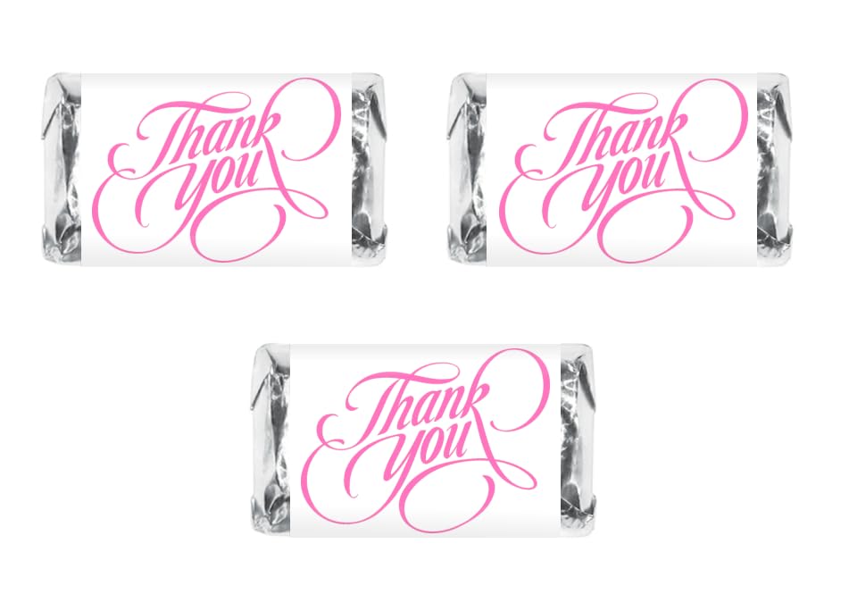 60 Modern Thank You Miniature Chocolate Candy Bar Wrapper in Pink, Adorable Stickers for Weddings, Bridal Shower Engagement Party Decorations, Favors