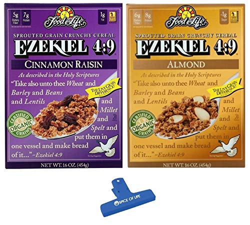 Ezekiel 4:9 Sprouted Whole Grain Cereal Variety,Cinnamon Rasin and Almond, 3 of each (Pack of 6) - with Spice of Life Bag Clip
