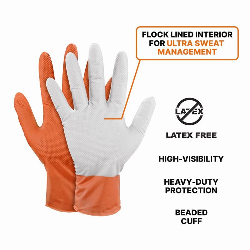 GLOVEWORKS Industrial Orange Disposable Gloves, Flock-Lined Nitrile Gloves, Raised Diamond Texture, 8 mil, Large, Box of 50