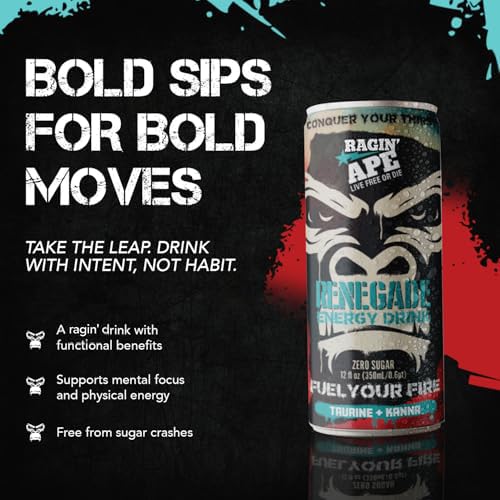 Ragin' Ape Renegade Energy Drink Multipack Vegan Friendly 12 oz Cans with Taurine Kanna and Caffeine Low Calorie Carbonated Beverage For Bold Clean