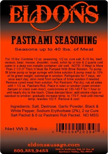 Eldon's Pastrami Seasoning Brine Rub and Cure Kit - Seasons 40 lbs of Dried Meat
