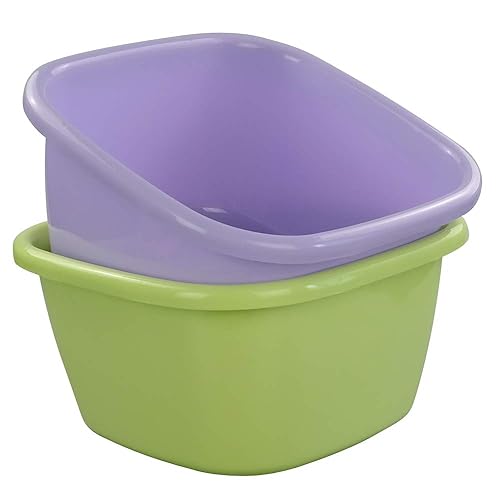 Obston 18 Quart Plastic Dish Pan, Square Washing Basins, Set of 2 (Green, Purple)