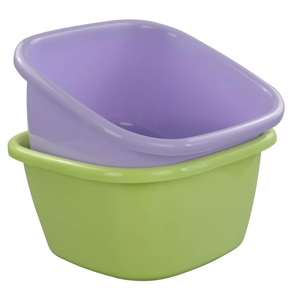 Obston 18 Quart Plastic Dish Pan, Square Washing Basins, Set of 2 (Green, Purple)