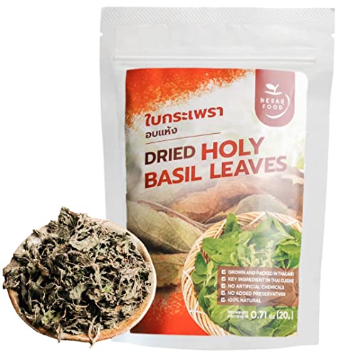 NESAR FOOD Premium Thai Holy Basil Leaves, Dried, Essential Thai Herbs and Spices ingredient in Asian cooking, Natural and Aromatic 20 G (0.71 oz Pack