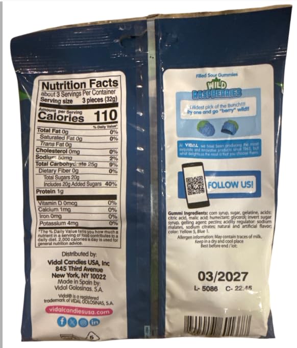 Vidal Filled Sour Gummies Wild Raspberries 3.5 oz. Bag