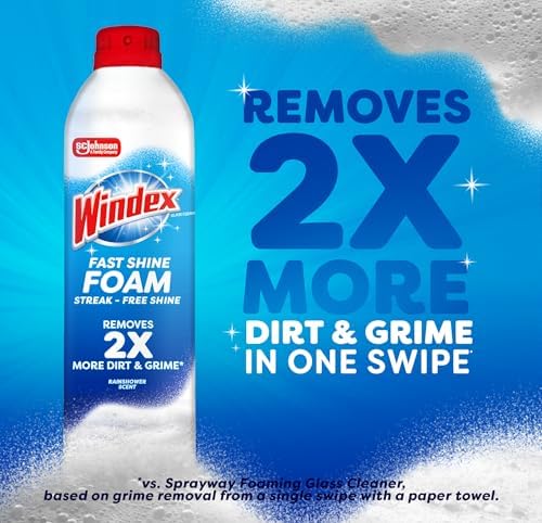 Windex Fast Shine Foam Glass Cleaner, No-Drip Windows, Doors, Mirrors & Countertops Aerosol Cleaning Spray, Streak-Free Shine, Removes Fingerprints