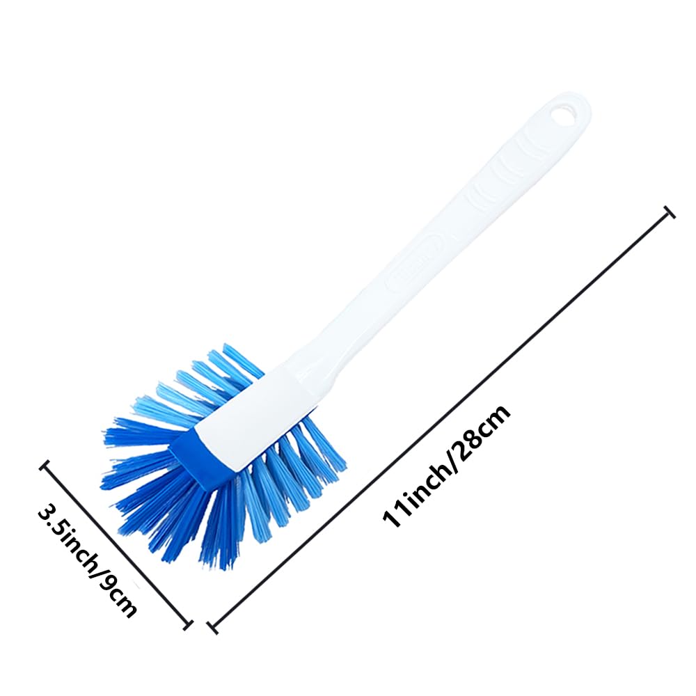 2 Pack Long Handle Kitchen Cleaning Brush with Built-in Scraper, Hard Bristle Dish Scrubber for Pots, Pans, Non-Stick Cookware, Sinks, Countertops